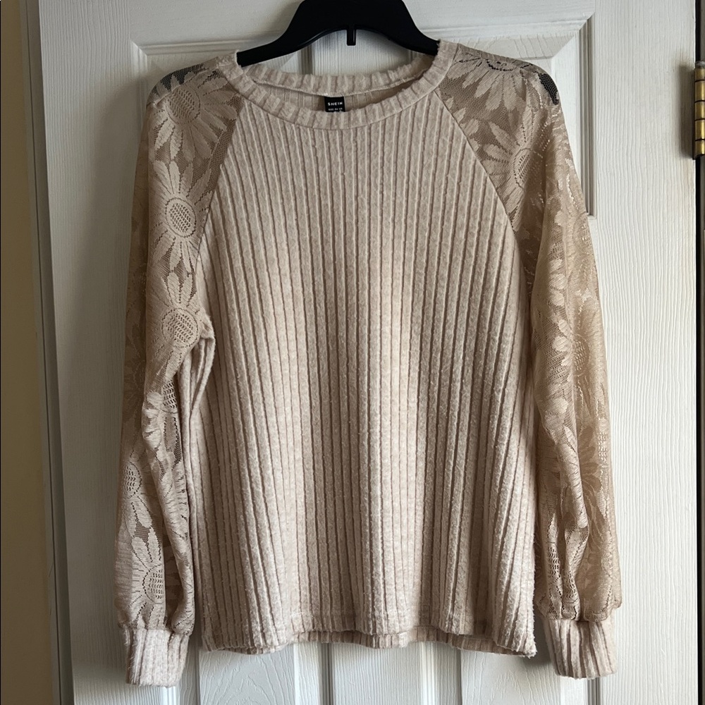 SHEIN Beige Ribbed Sweater with Lace Sleeve Detail Size Large